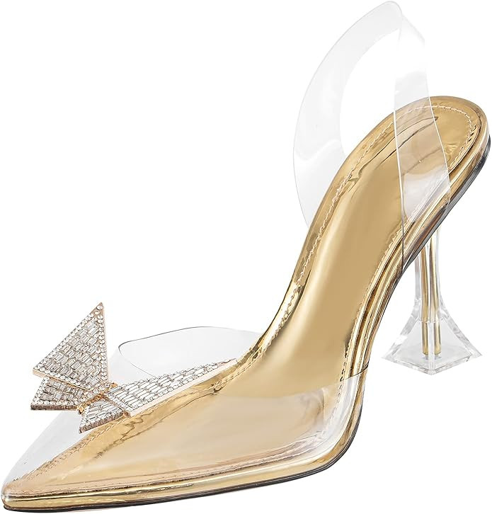 Ojiaoer Women's Clear Heels Shoes, Crystal Rhinestones Slingback Wedding Shoes Pointed Toe High H... | Amazon (US)
