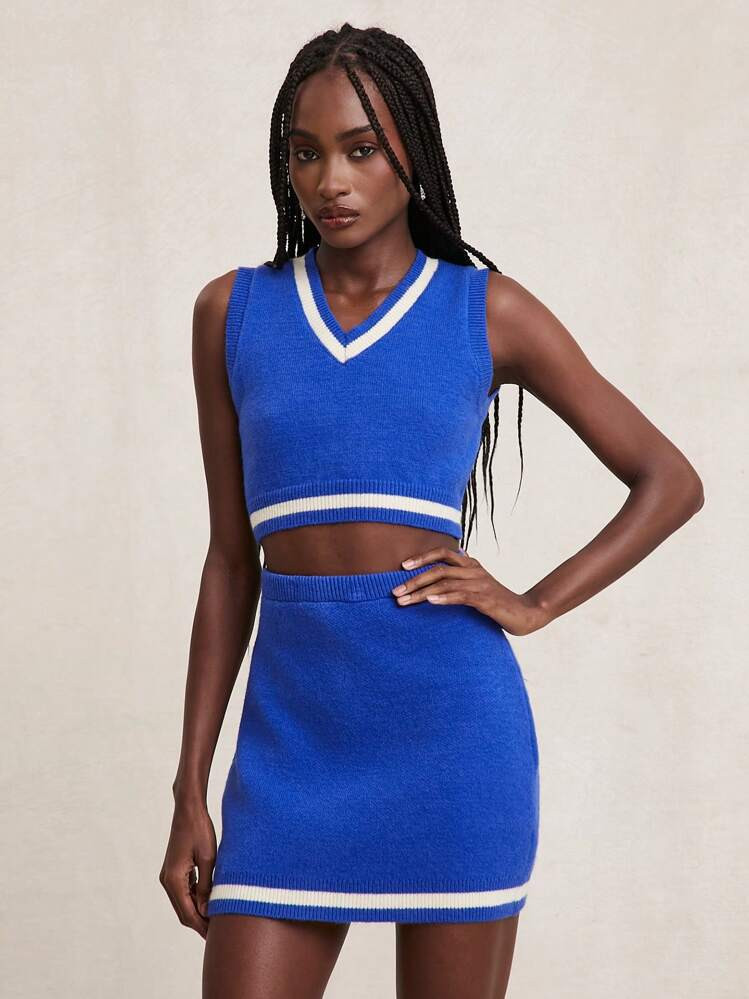 NYA SZN Top Knit V Neck Athletic Vest Striped Casual Workout Yoga Gym Brunch Office Teacher Fitness Airport Outfits For Women | SHEIN
