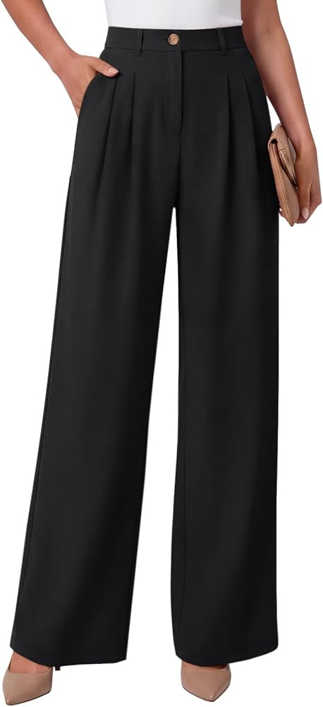 LILLUSORY Pleated Front High Waisted Dress Pants Light Stretch Wide Leg Button Trousers with Pock... | Amazon (US)