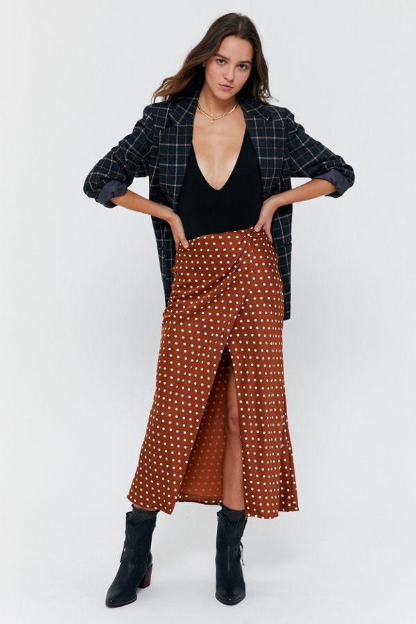 J.O.A. Polka Dot Twist-Front Midi Skirt | Urban Outfitters (US and RoW)