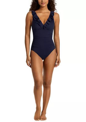 Lauren Ralph Lauren Women's Beach Club Solid Ruffle Surplice One Piece Swimsuit, Navy Blue, 16 | Belk