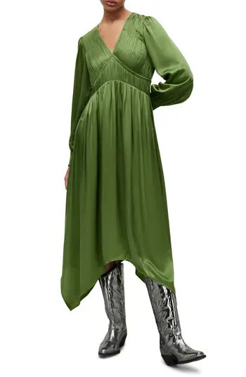 AllSaints Estelle Long Sleeve Asymmetric Hem Dress in Cactus Green at Nordstrom Rack, Size 10 Us / 14 Uk | Nordstrom Rack