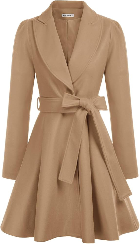 GRACE KARIN Women's Notch Lapel Long Puff Sleeve a Line Pea Coat with Self Tie Belt | Amazon (US)