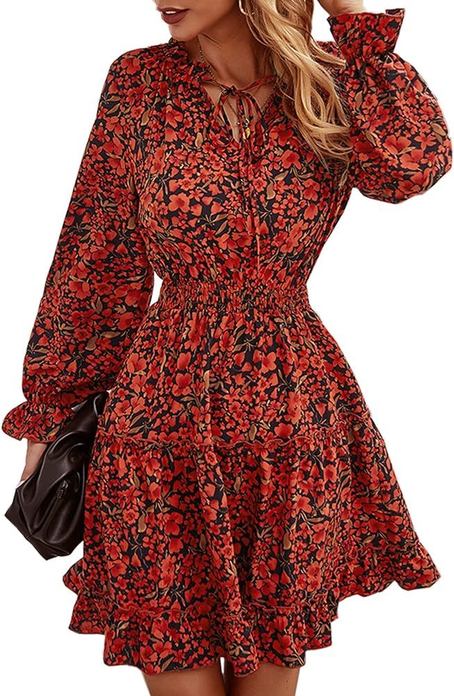 Angashion Women's Floral Print Dress Casual Long Sleeve Crewneck Ruffle Layer Short Mini Women Hi... | Amazon (US)