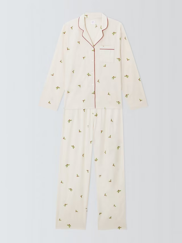 John LewisEmbroidered Holly Pyjama Set, Ivory, 8 | John Lewis (UK)