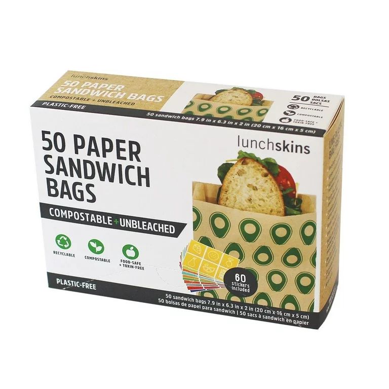 Lunchskins Unbleached and Non-Wax Durable Food Storage Bags, Recyclable and Compostable, Sandwich... | Walmart (US)