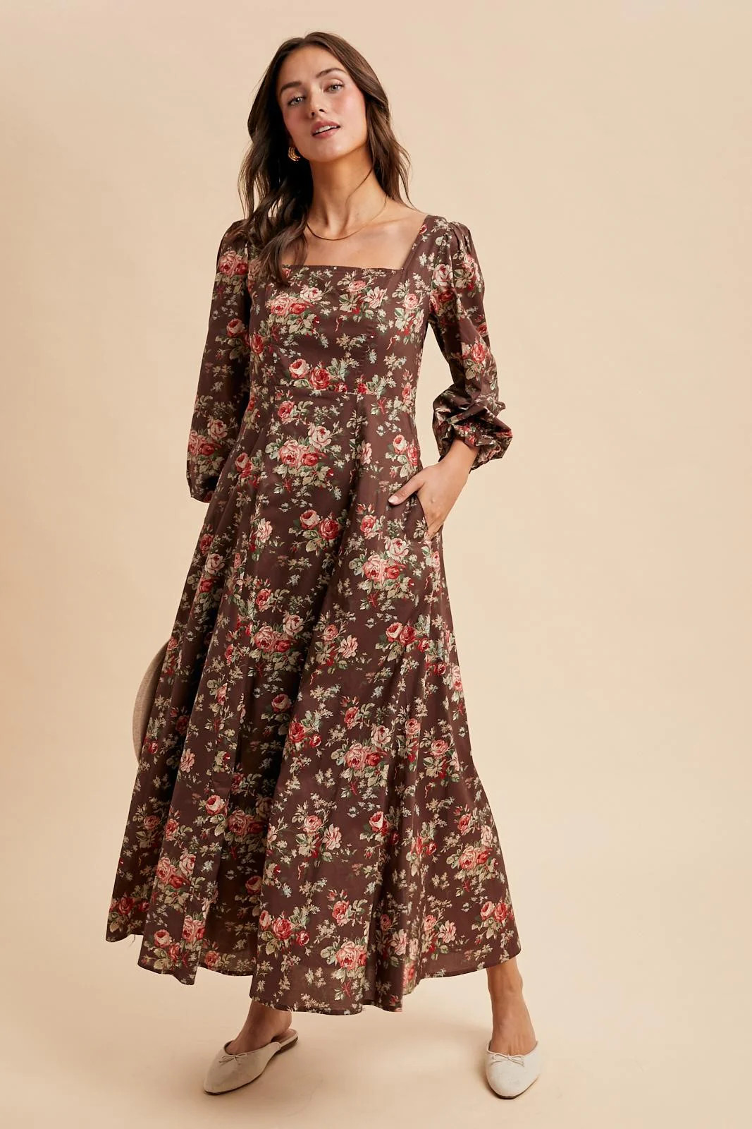 Brown Floral Square Neck Cotton Maxi Dress | PinkBlush Maternity