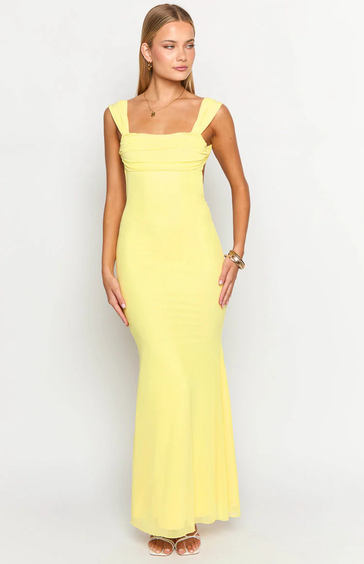 Beverley Yellow Mesh Maxi Dress | Beginning Boutique (US)