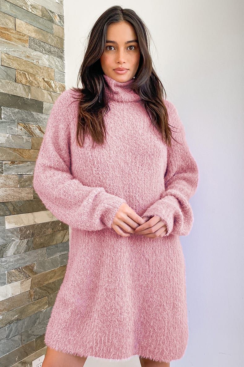 Sweet Whispers Mauve Multi Eyelash Knit Turtleneck Sweater Dress | Lulus (US)