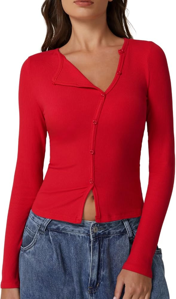 QINSEN Women's Long Sleeve Ribbed Crewneck Shirts Upper Button Fastening Going Out Tops | Amazon (US)