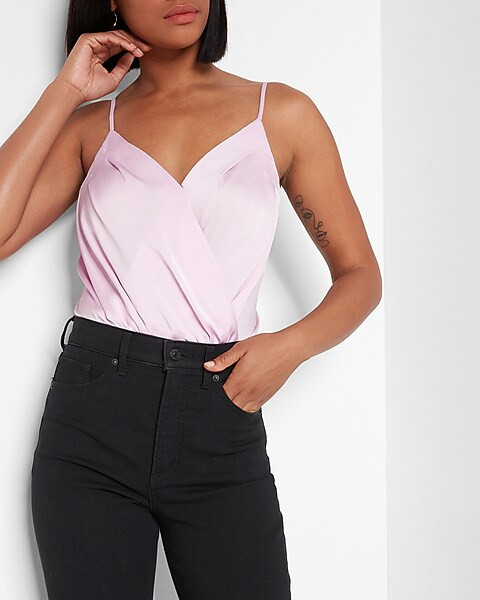 Satin Faux Wrap Cami Thong Bodysuit | Express