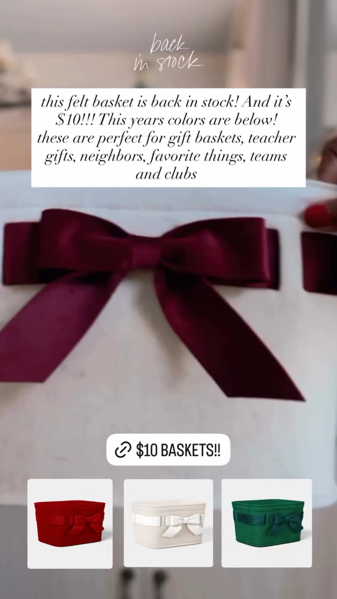 this felt basket is back in stock! And it’s $10!!! This years colors are below!
these are perfect for gift baskets, teacher gifts, neighbors, favorite things, teams and clubs @ltk.creators  @ltk.home
