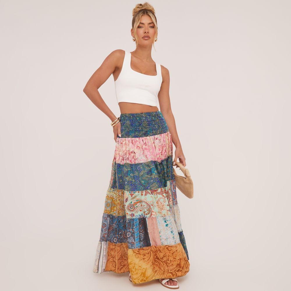 High Waist Patchwork Detail Shirred Maxi Skirt In Multi Woven | EGO (UK)