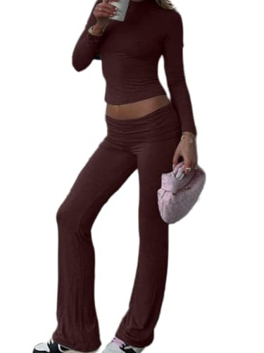 AYWA Women's 2 Piece Outfits Foldover Flare Pants Long Sleeve Crew Neck T-shirt Fitted Pajama Set... | Amazon (US)