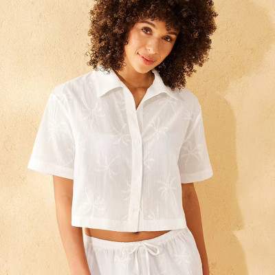 Women's Palm Embroidered Button-Up Short Sleeve Swim Cover Up Top - Shade & Shore™ White XS: Cotton Gauze, Botanical Pattern | Target