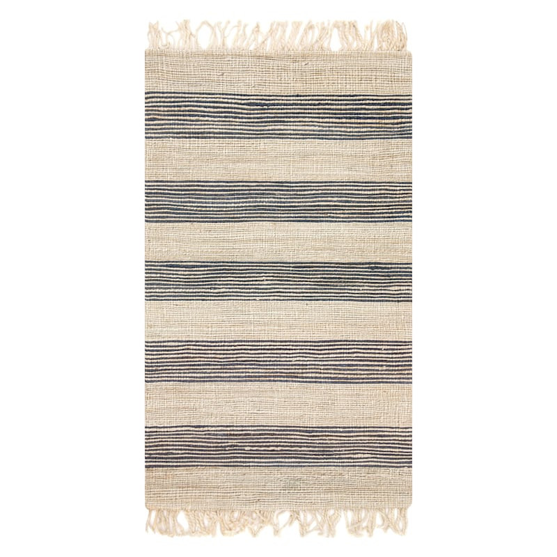 (B497) Honeybloom Hazel Natural & Navy Striped Hand Woven Jute Accent Rug, 3x5 | At Home