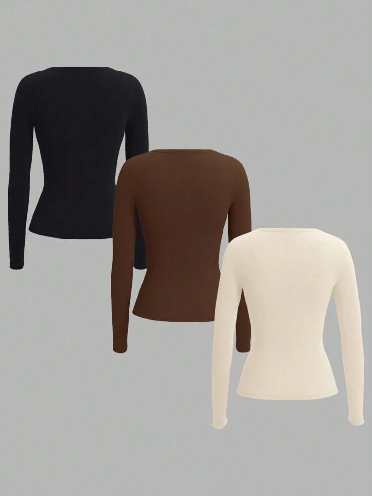 SHEIN EZwear Multicolor Knitted Women's Basic V-Neck Long Sleeve T-Shirt | SHEIN