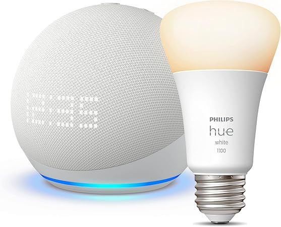 Echo Dot (5th Gen) with Clock | Glacier White with Philips Hue White Smart Bulb | Amazon (US)