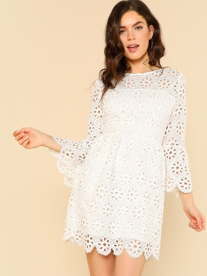SHEIN Trumpet Sleeve Eyelet Lace Scallop Dress | SHEIN