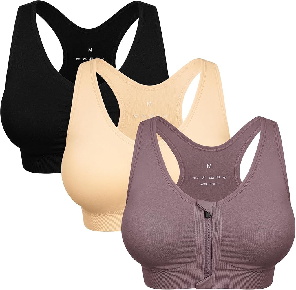 Women's Zip Front Sports Bra Wireless Post-Surgery Bra Active Yoga Sports Bras | Amazon (US)