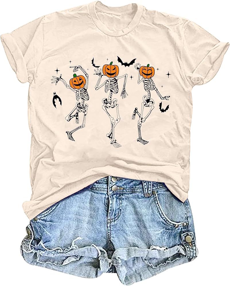 BEDDAN Halloween T Shirt Women Dancing Skeleton Pumpkin Shirt Novelty Fall Skull Graphic Tee Fall... | Amazon (US)
