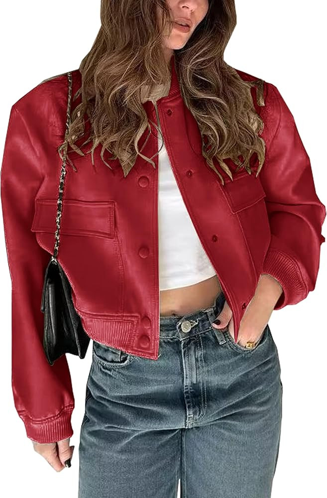 Megfie Womens Cropped Bomber Jacket Button Down Varsity Jackets Shackets with Pockets | Amazon (US)