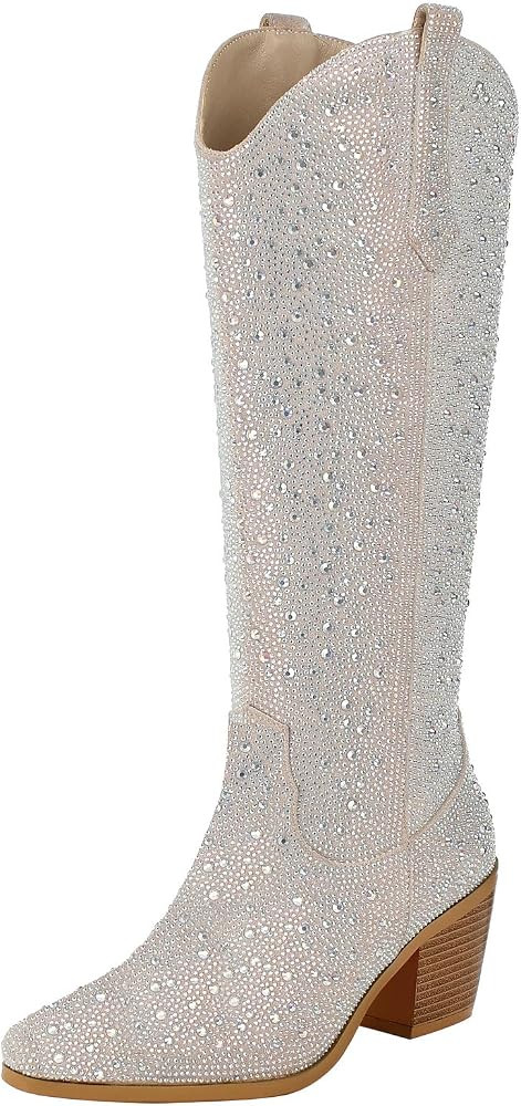 FIFSY Women Rhinestone Cowboy Boots Glitter Chunky Heel Sparkly Cowgirl Ankle Boots | Amazon (US)