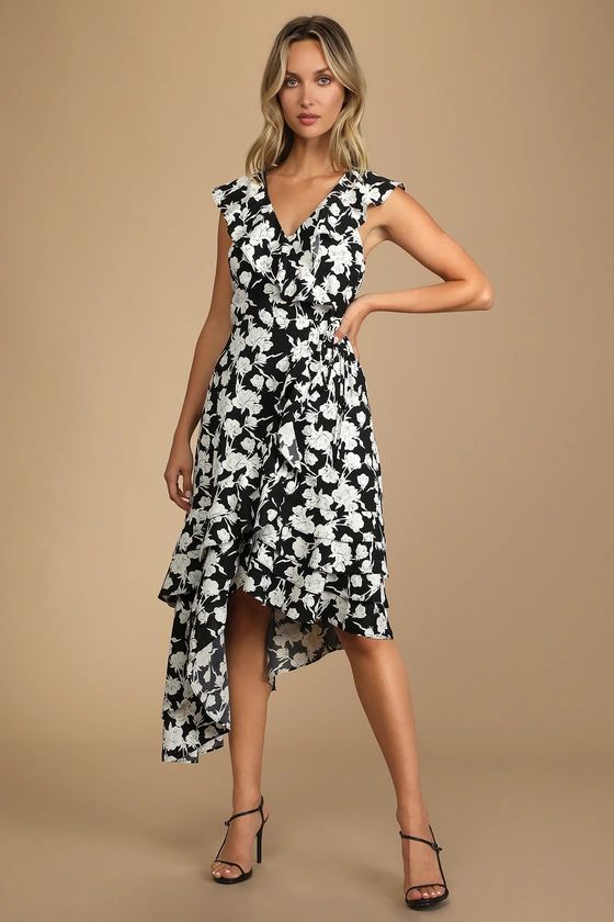 All the Lovely Days Black Floral Print Asymmetrical Wrap Dress | Lulus (US)