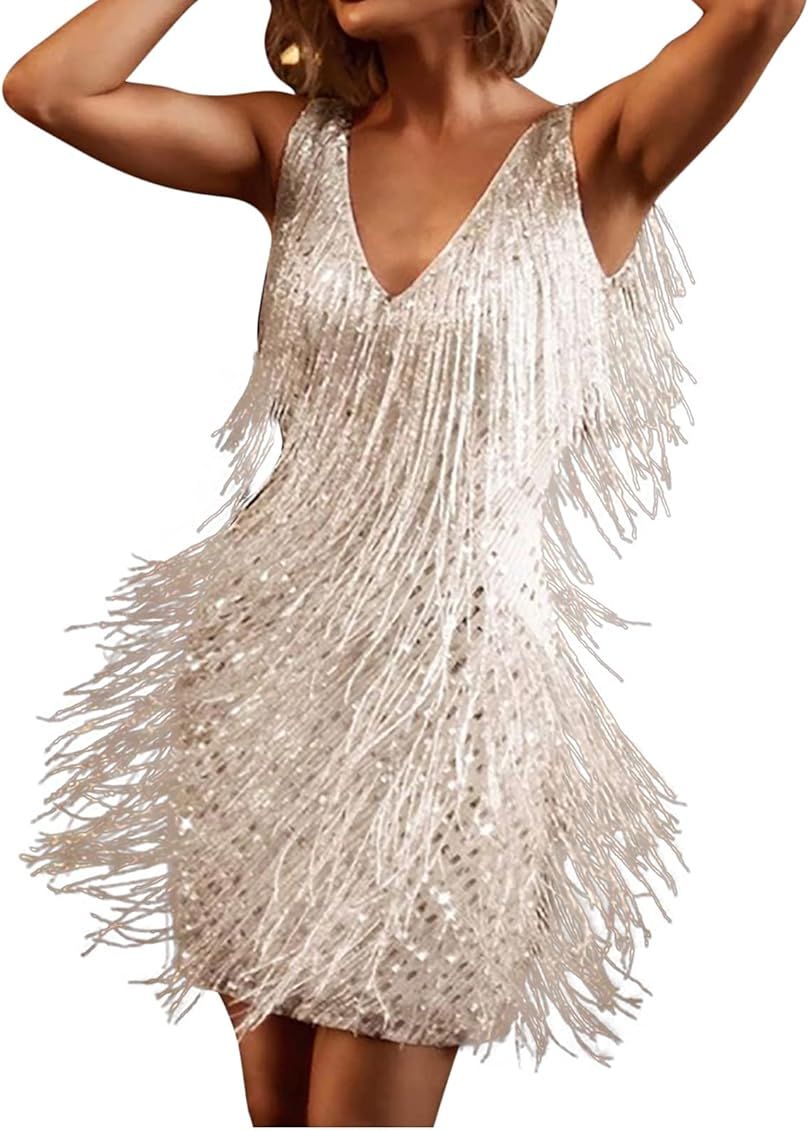Ruziyoog Fashion Dress for Women Elegant Tassels Sequin Fringe Flapper Dresses Sexy Spaghetti Straps | Amazon (US)