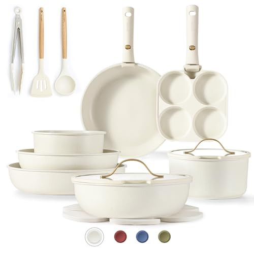 CAROTE 19pcs Pots and Pans Set Non Stick, Cookware Set with Detachable Handle, Kitchen Cookware Sets with Removable Handle, RV Cookware Set, Oven Safe, Cream White | Amazon (US)