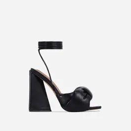 Cushy Knotted Detail Lace Up Square Peep Toe Sculptured Flared Block Heel In Black Faux Leather | EGO Shoes (US & Canada)