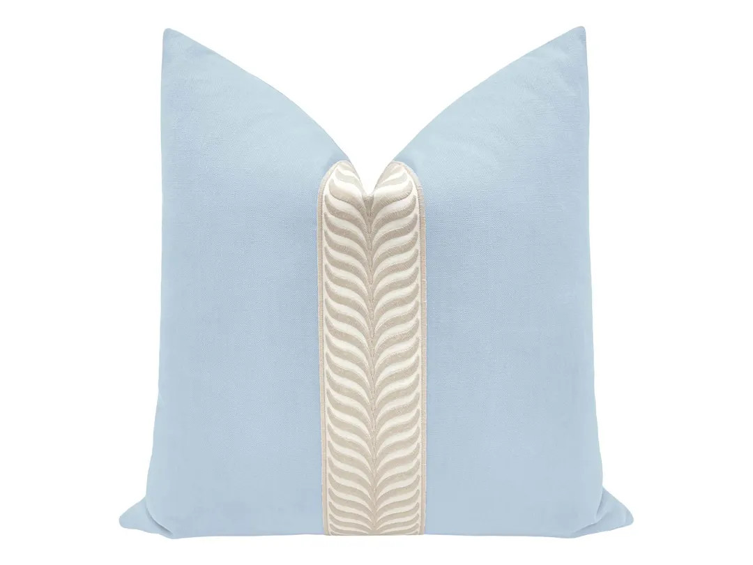 Classic Linen // Powder Blue + Trellis Trim // Natural Pillow | solid linen pattern | linen pillo... | Etsy (US)