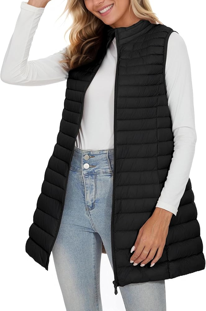 ELFJOY Long Puffer Vest Women Winter Ultra Light Long Down Vest with Stand Collar Black Womens Ve... | Amazon (US)