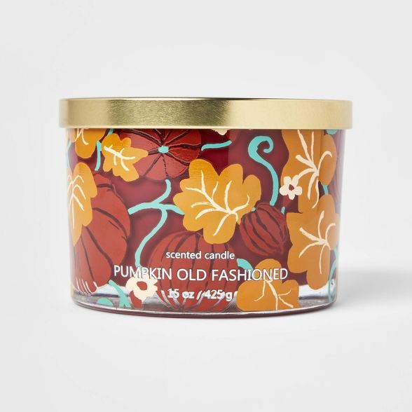15oz Lidded Glass Jar Leaf Print 3-Wick Pumpkin Old Fashioned Candle - Opalhouse™ | Target