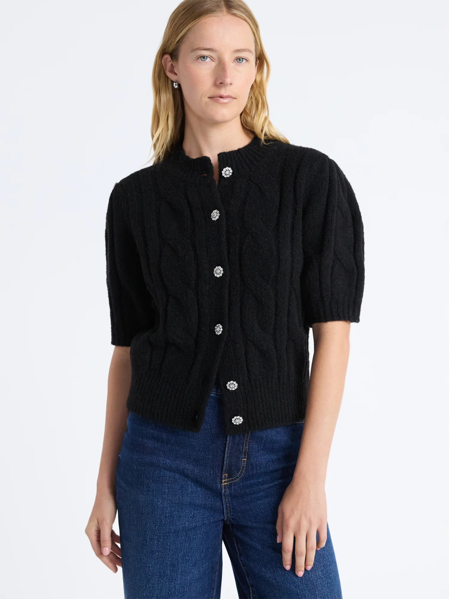 Free Assembly Women's and Women's Plus Cable Cardigan with Short Puff Sleeves, Sizes XS-4X - Walm... | Walmart (US)