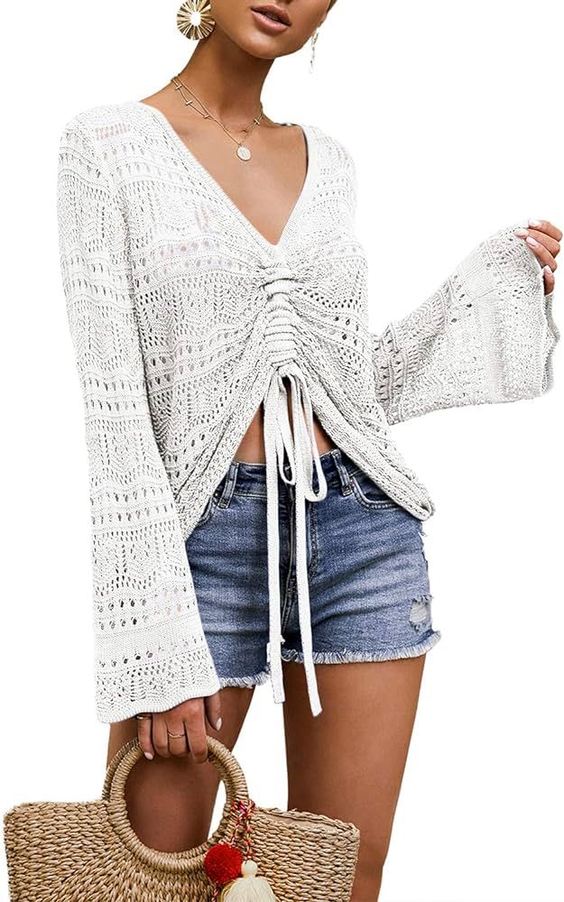 Saodimallsu Womens Boho Off Shoulder Sheer Crop Tops Bell Sleeve Flowy Oversized Crochet Ruched P... | Amazon (CA)