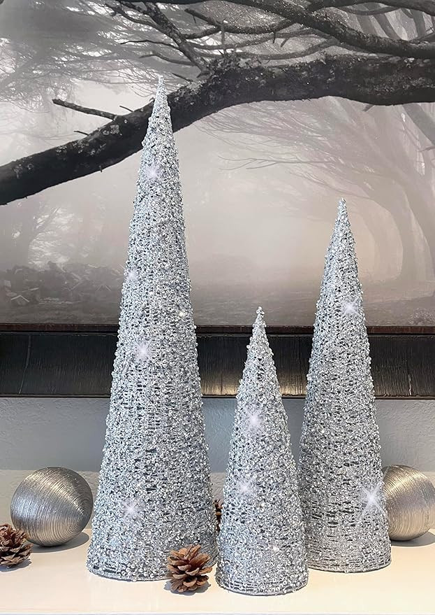 Set of 3 Silver Glittered and Sequined Sparkling Mesh Christmas Topiary Cone Trees, 24 Inches, 17... | Amazon (US)