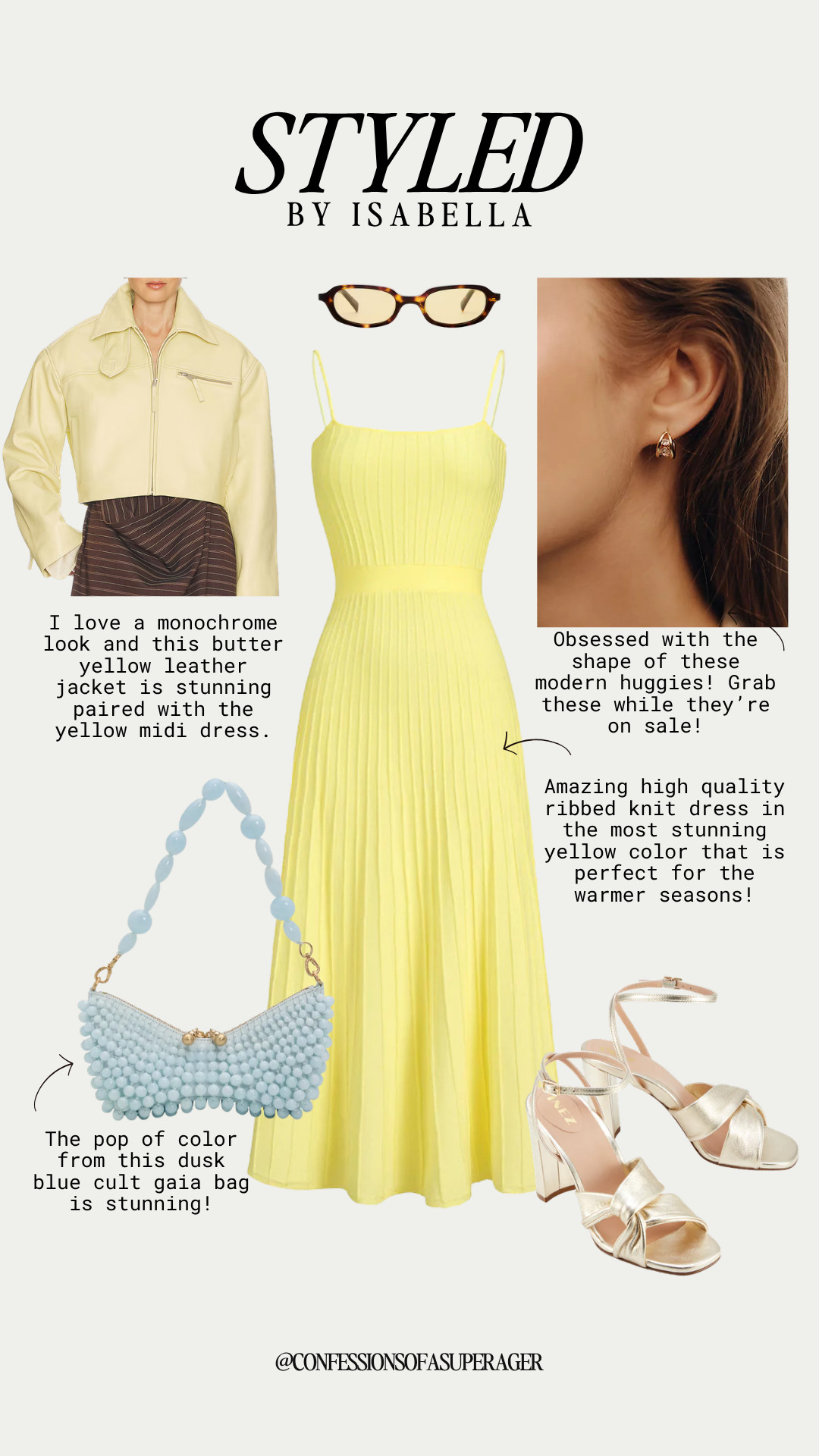 Nothing says "hello sunshine" like this gorgeous butter yellow monochrome look! I am completely obsessed with this high-quality ribbed knit midi dress—it’s the perfect base for a spring wedding or a chic garden party. Layering it with a matching cropped leather jacket adds that modern edge, while the dusk blue Cult Gaia bag provides the most stunning pop of color. I finished the look with gold block heels and modern huggie earrings (which are currently on sale!) for a polished, "quiet luxury" vibe that works for any warm-weather occasion. 

 #LTKMothersDay

#LTKSeasonal #LTKSaleAlert