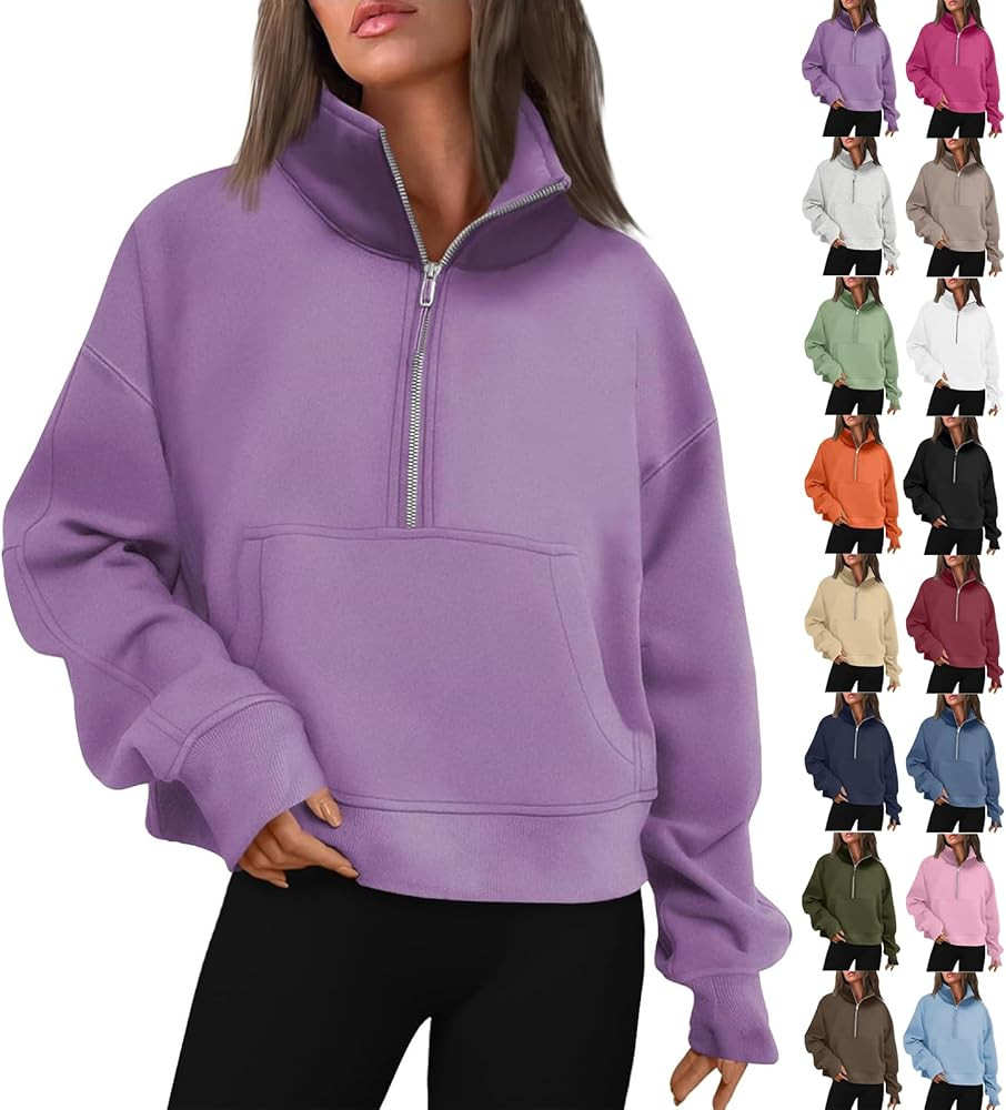 Half Zip Sweatshirt Women Cropped Oversized Fleece Pullover Zipped Thumb Hole Cute Sweatshirts wi... | Amazon (US)