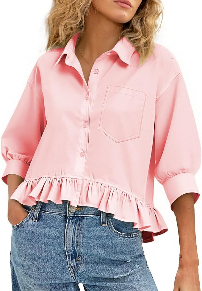 CHYRII Womens Summer Tops Dressy Casual Blouse Top Ruffled Short Sleeve Button Down Striped Shirt | Amazon (US)