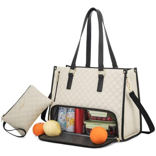 LOVEVOOK Lunch Tote Bag for Women, 15.6 Inch Laptop Bag with Insulated Lunch Compartment, Quilted Large Capacity Computer Handbag with Purse for Business, Work, Collage, Office, Casual, Beige-black | Amazon (US)