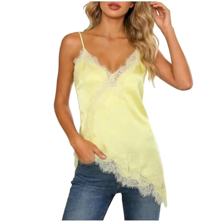 Stichou Womens Lace Trim Satin Tank Top V Neck Silk 2026 Trendy Camisole Tops Asymmetrical Backle... | Walmart (US)