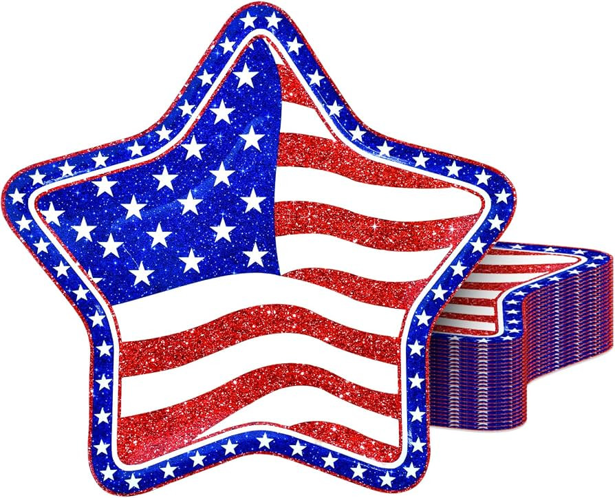24 Pcs 4th of July Paper Plates, 10 Inch Patriotic Star Shaped Plates Red White Blue American Fla... | Amazon (US)