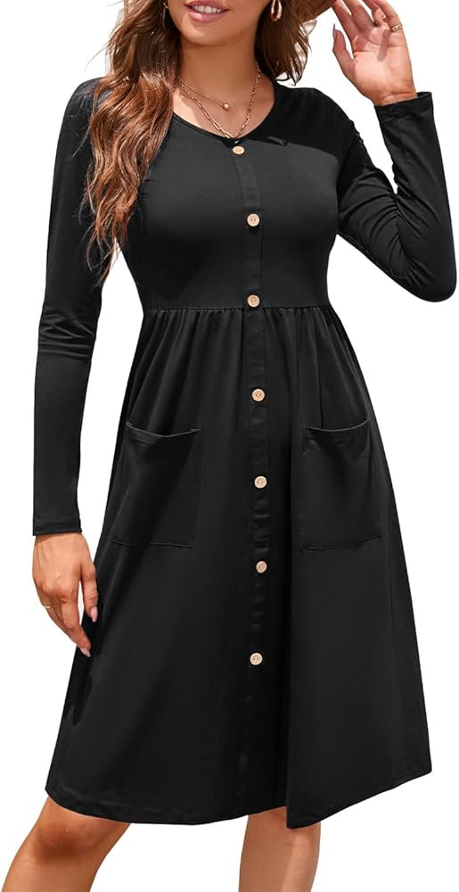 OUGES - Vestido estilo skater, con botones, cuello en V y bolsillos para mujer | Amazon (US)