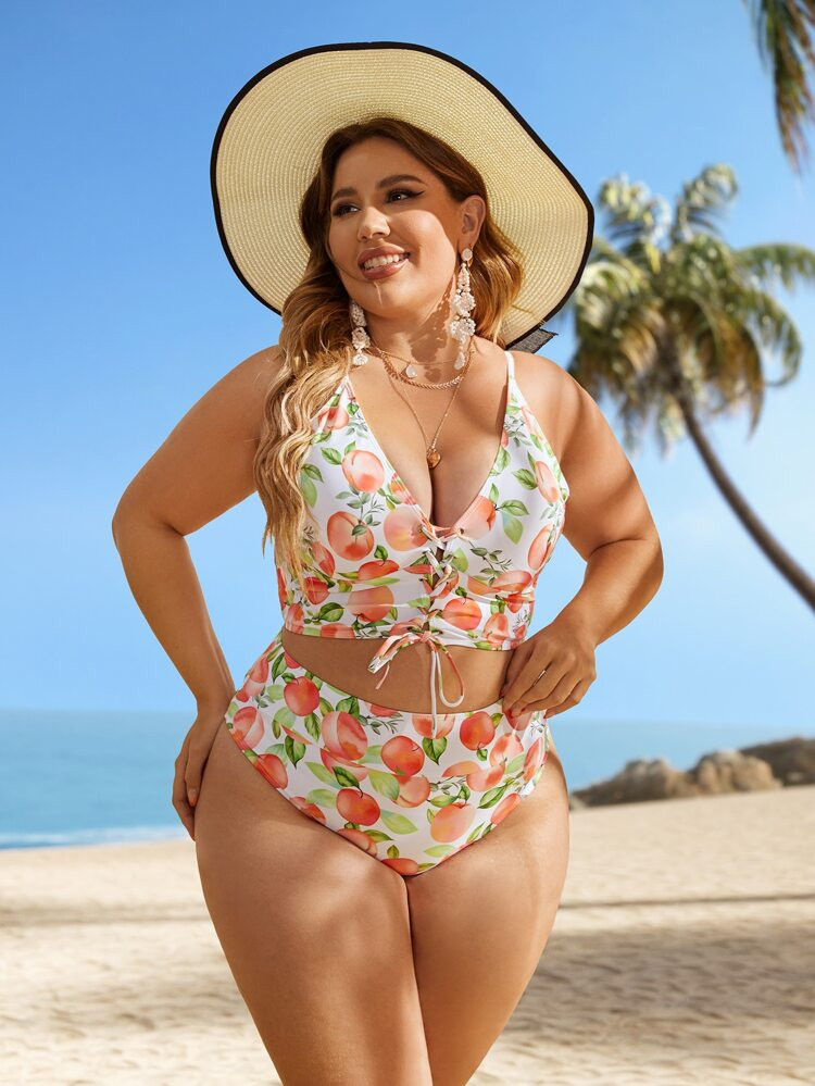 Plus Fruit Print Lace Up Front Crisscross Back Bikini Swimsuit | SHEIN