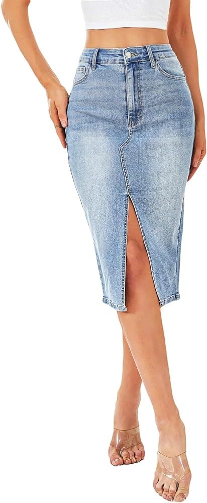 Floerns Women's Casual High Waisted Split Thigh Denim Jeans Midi Skirt | Amazon (US)