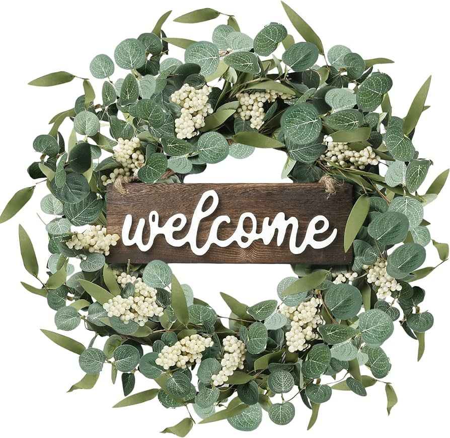 Sggvecsy Green Artificial Eucalyptus Wreath with Welcome Sign 20in Spring Summer Wreath with Whit... | Amazon (US)