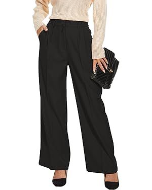 FUNYYZO Women's Wide Leg Pants High Elastic Waisted in The Back Business Work Trousers Long Strai... | Amazon (US)