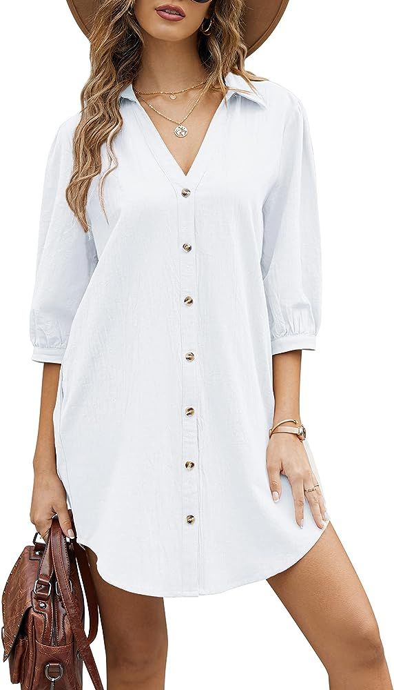 HOTOUCH Women's 3/4 Sleeve V Neck Button Down Shirt Dress Casual Cotton Linen Blouse Tops with Po... | Amazon (US)
