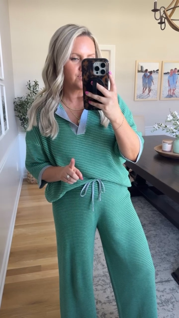 This striped two piece sweater set is the perfect elevated loungewear for spring. The short sleeve collared top paired with the wide leg pants makes it feel polished while still being incredibly comfortable for everyday wear, travel days, or casual outings.

spring lounge set striped sweater set walmart fashion walmart loungewear spring outfit ideas two piece outfit casual spring style wide leg pants outfit comfy travel outfit walmart new arrivals lovelylifestyling